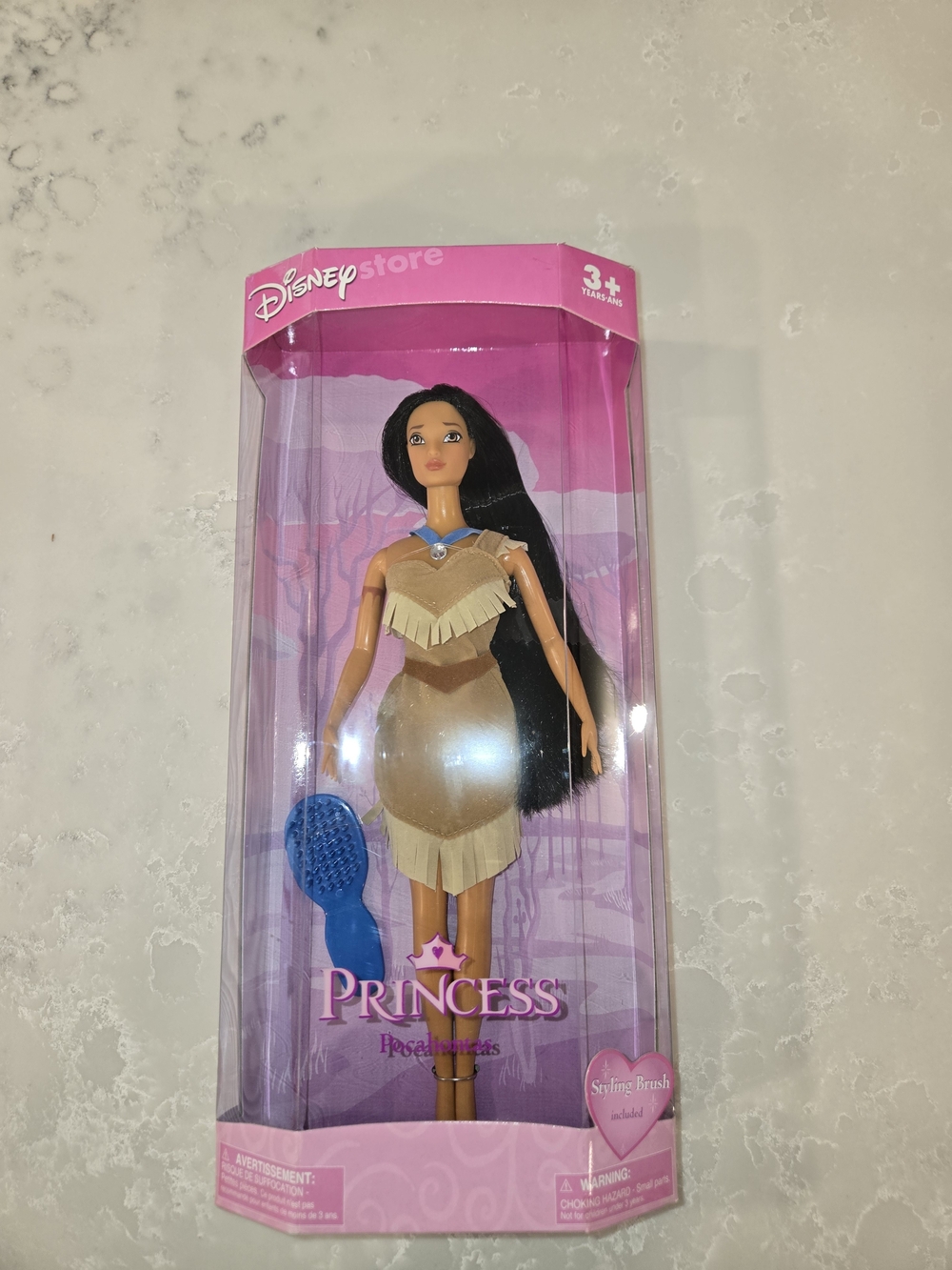 Disney Princess Pocahontas Doll in Pink Packaging with Blue Brush